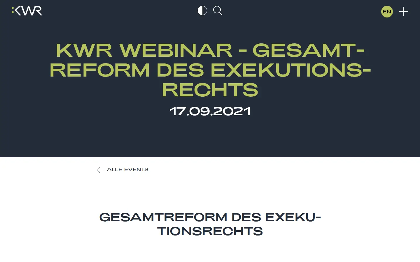 Detailseite des KWR-Webinars zur Gesamtreform des Exekutionsrechts mit Datum