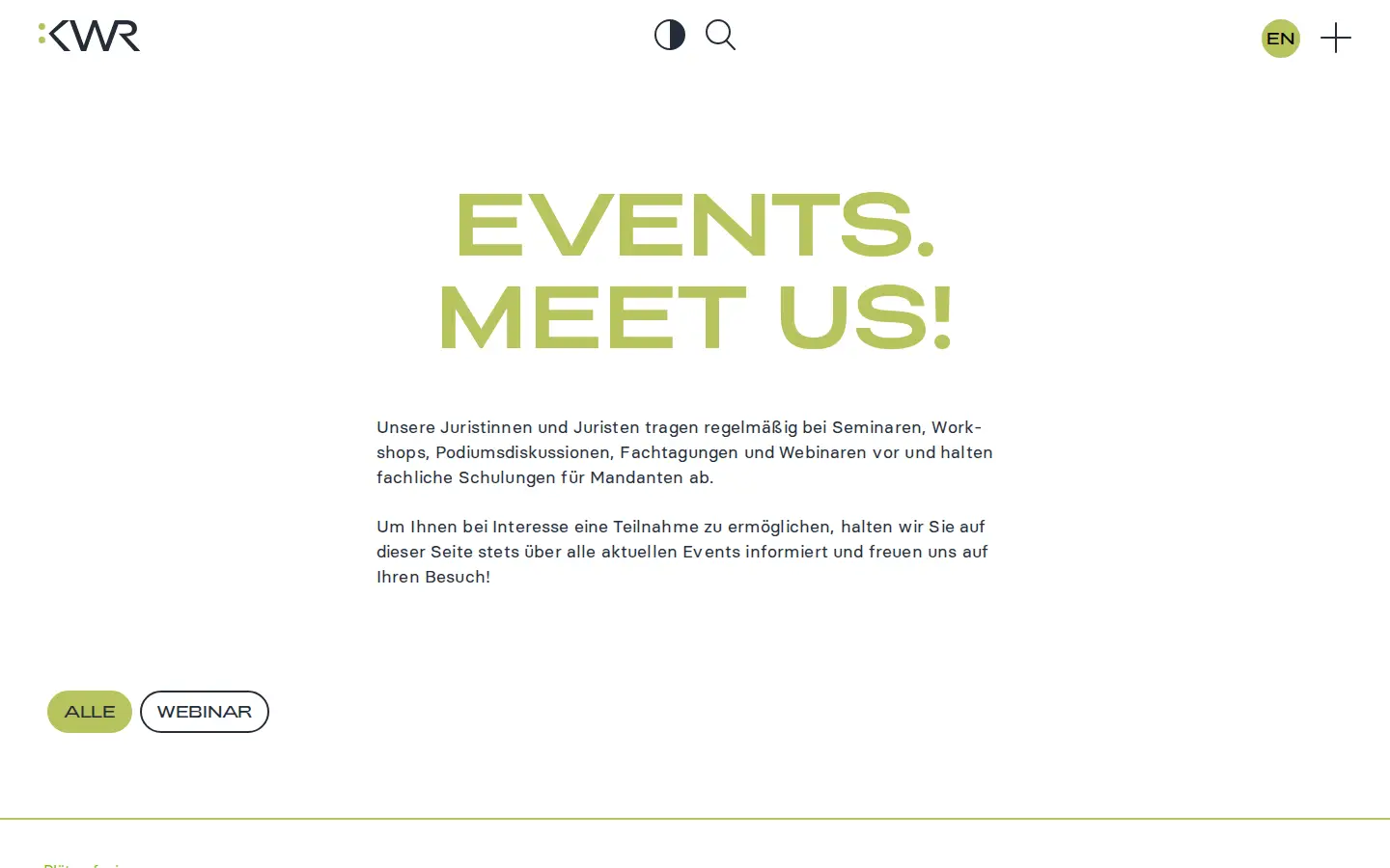 Eventübersicht „Events. Meet us!“ auf kwr.at mit Filter nach Webinar