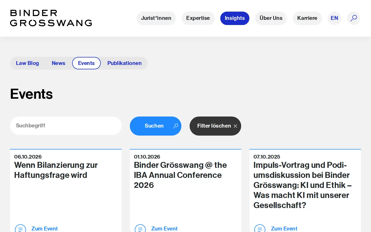 Eventübersicht auf bindergroesswang.at mit Suche und Filter