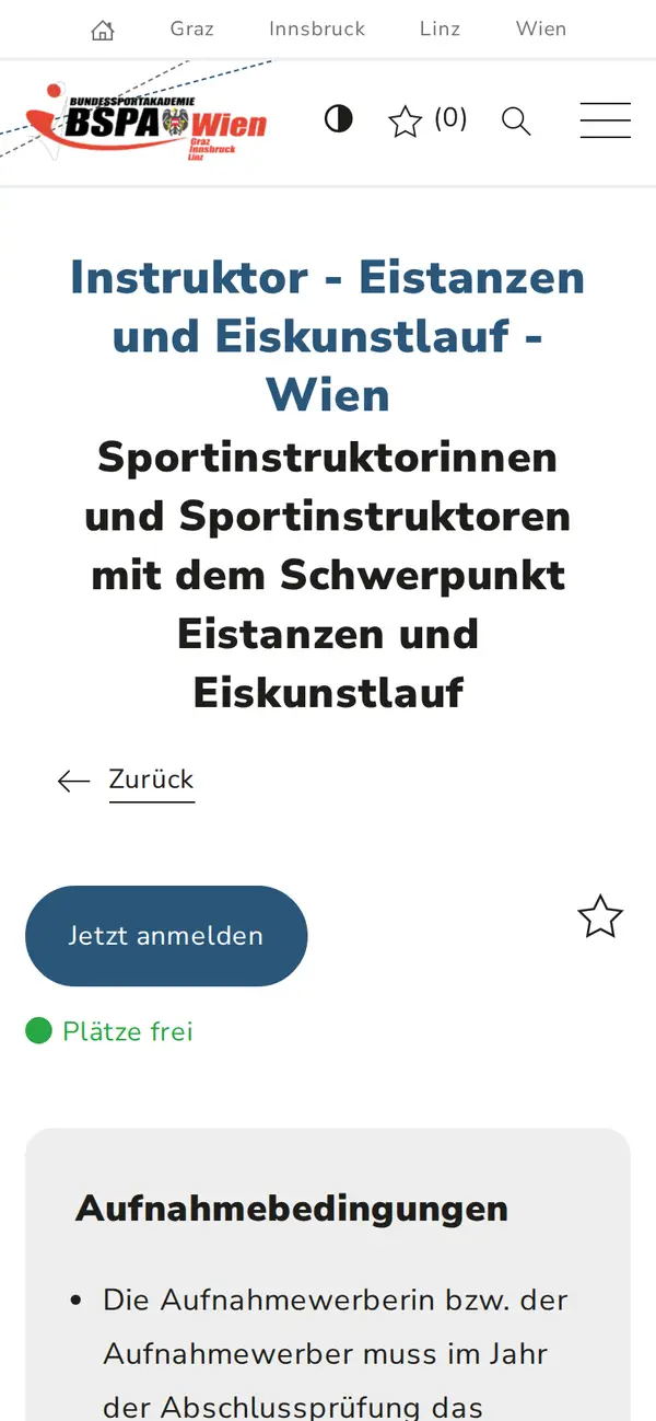 Kursseite auf dem Smartphone mit Kurstitel, Standort Wien und Abschnitt Ziel.