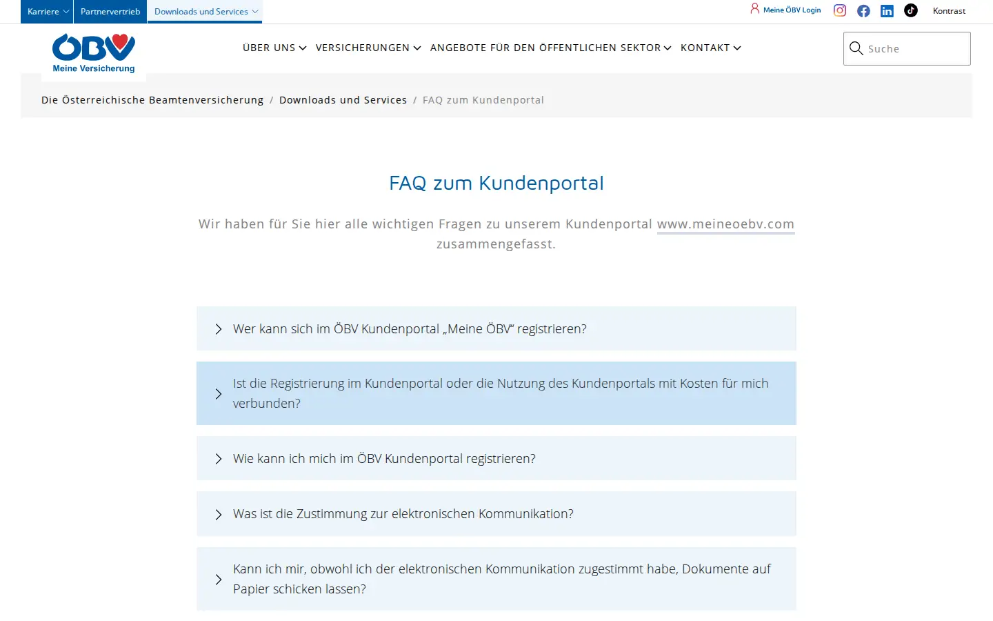 FAQ-Seite zum Kundenportal auf oebv.com