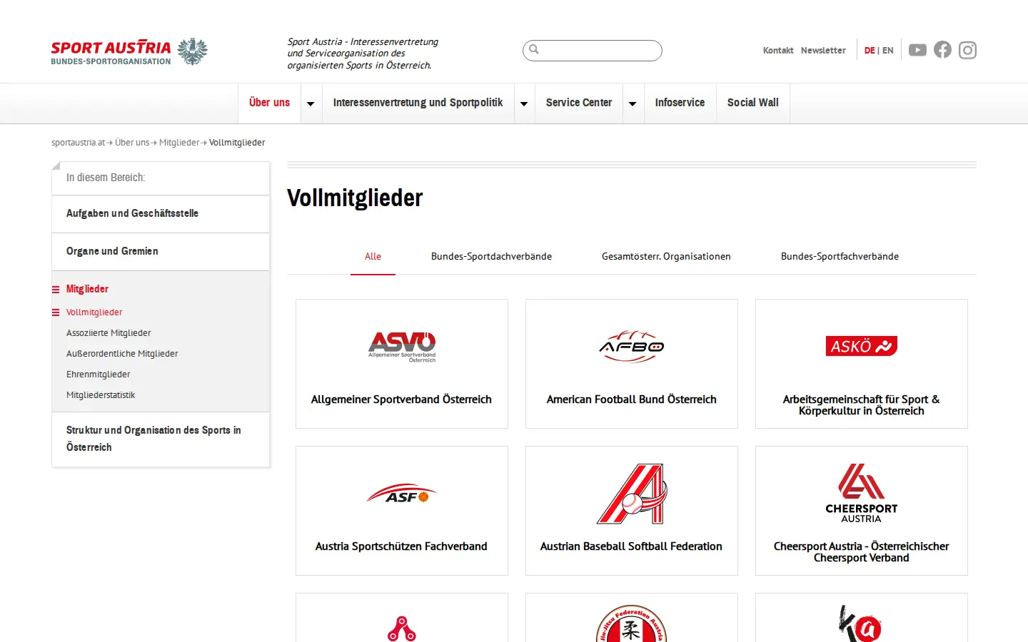 Seite Vollmitglieder auf sportaustria.at mit Kacheln aus Verbandslogo und Verbandsname