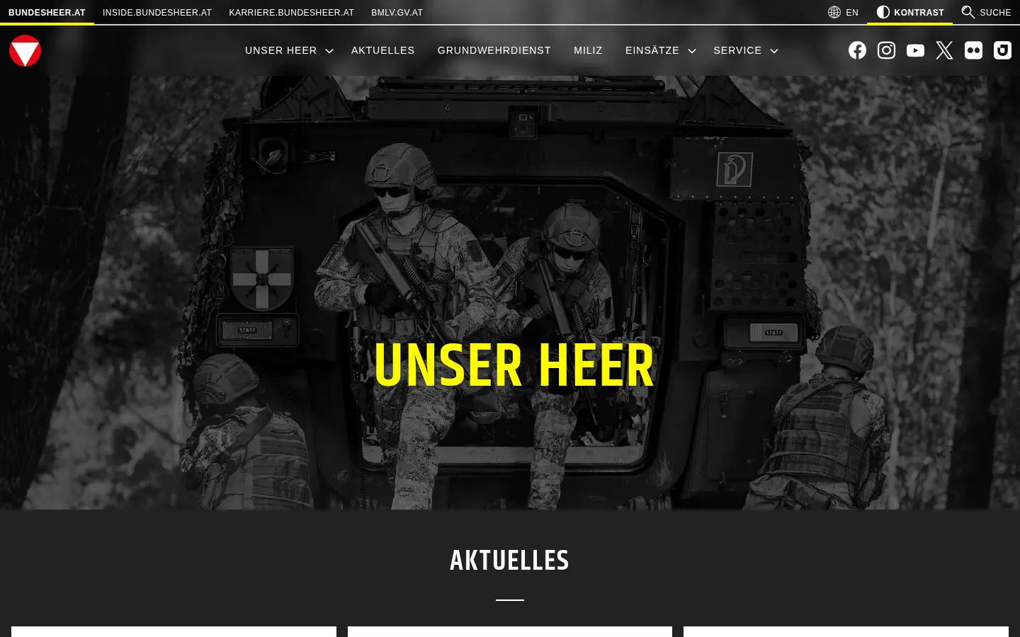 Startseite von bundesheer.at im Kontrastmodus