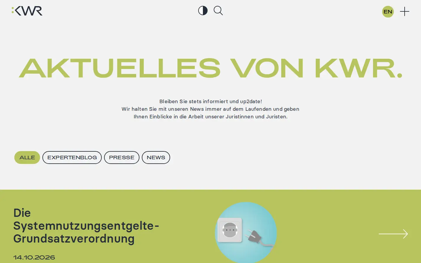 News-Seite „Aktuelles von KWR“ mit Filtern nach Expertenblog, Presse und News