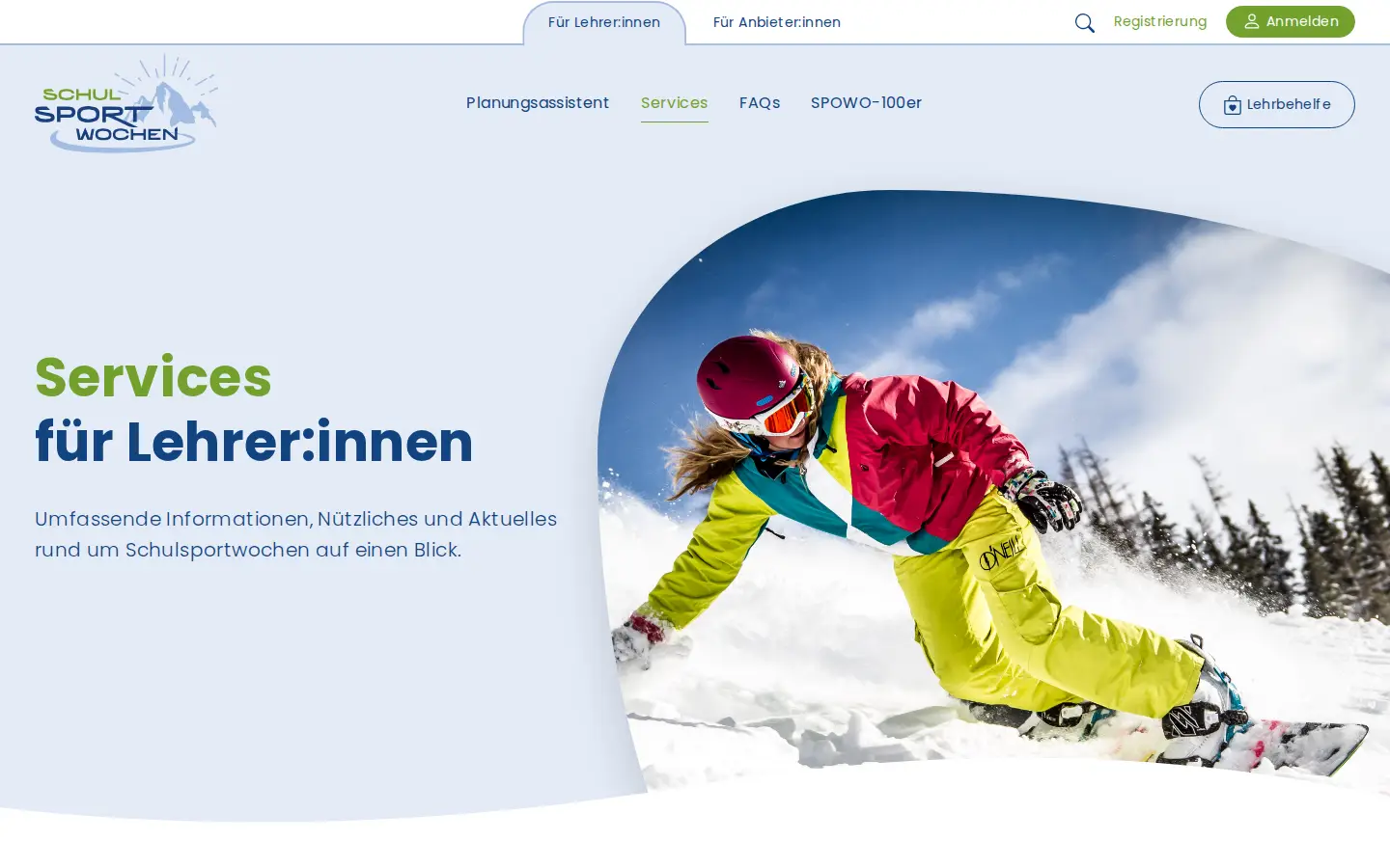 Einstieg der Serviceseite für Lehrkräfte mit Wintersport-Motiv