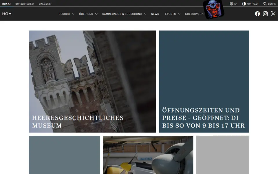 Startseite von hgm.at, dem Heeresgeschichtlichen Museum