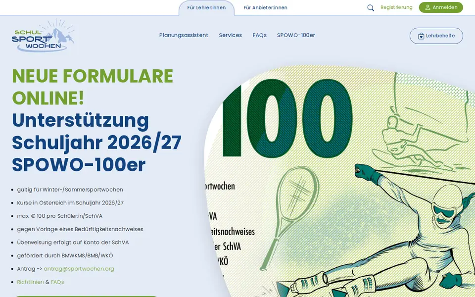 Startseite für Lehrkräfte auf sportwochen.org mit Hinweis zur Förderung im Schuljahr 2026/27