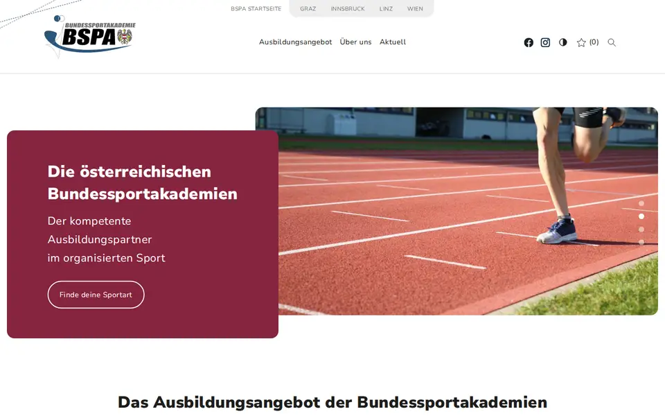 Startseite der Bundessportakademien mit Logo, Standortwahl Graz, Innsbruck, Linz, Wien und Navigation.