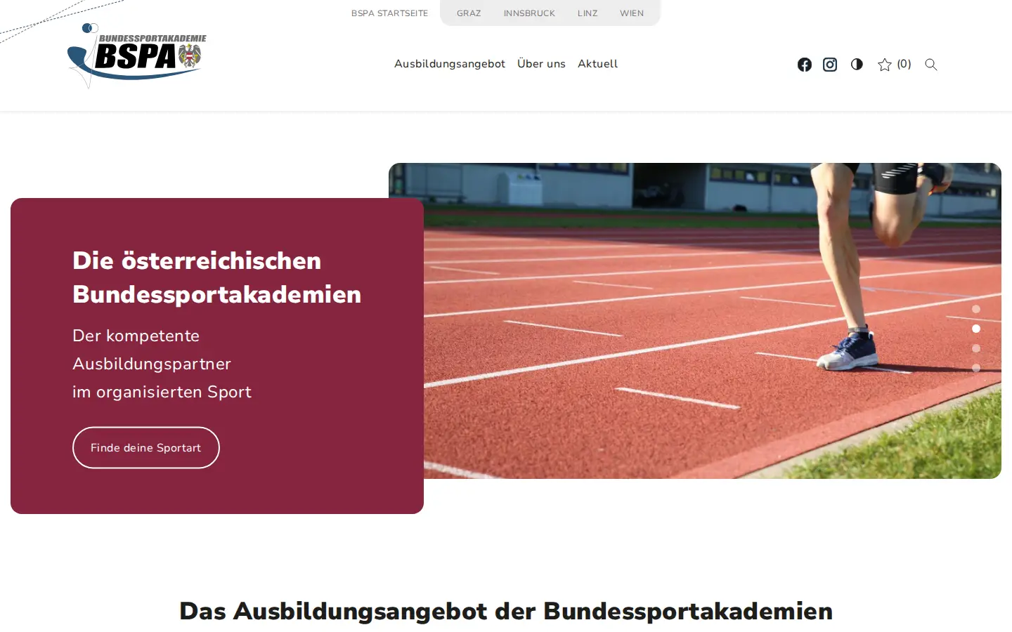Startseite der Bundessportakademien mit Logo, Standortwahl Graz, Innsbruck, Linz, Wien und Navigation.