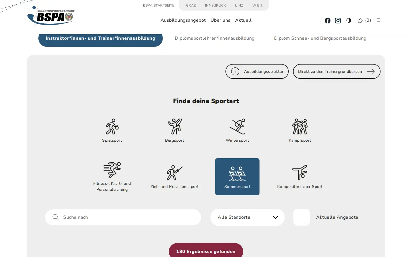 Bereich „Finde deine Sportart“ mit Icons für Spielsport, Bergsport, Wintersport und weitere Sportgruppen, darunter Suche und Standortfilter