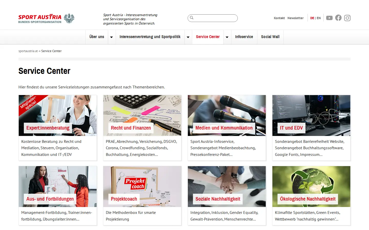 Übersicht Service Center auf sportaustria.at mit Themenkacheln