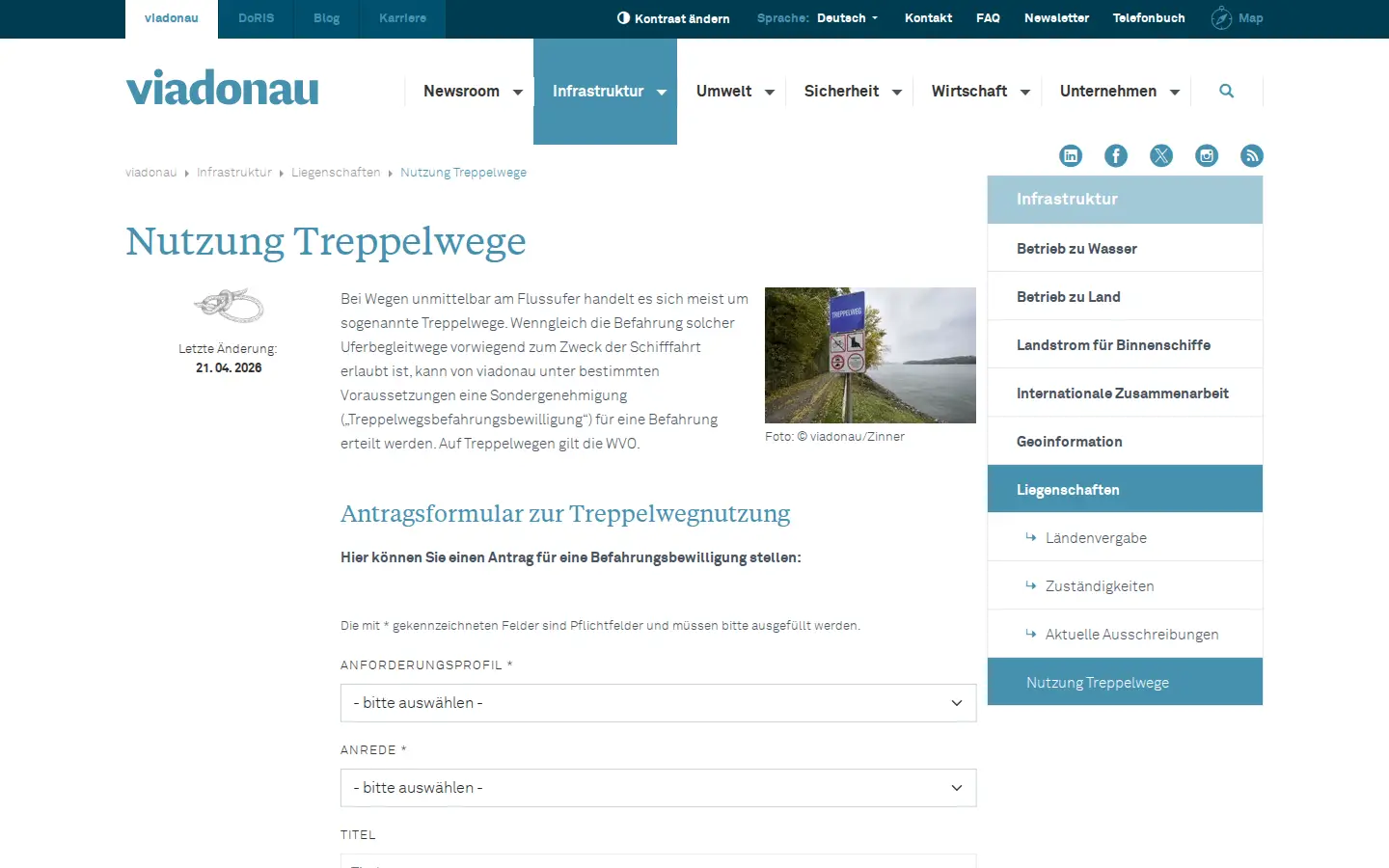 Seite Nutzung Treppelwege mit Antragsformular auf viadonau.org