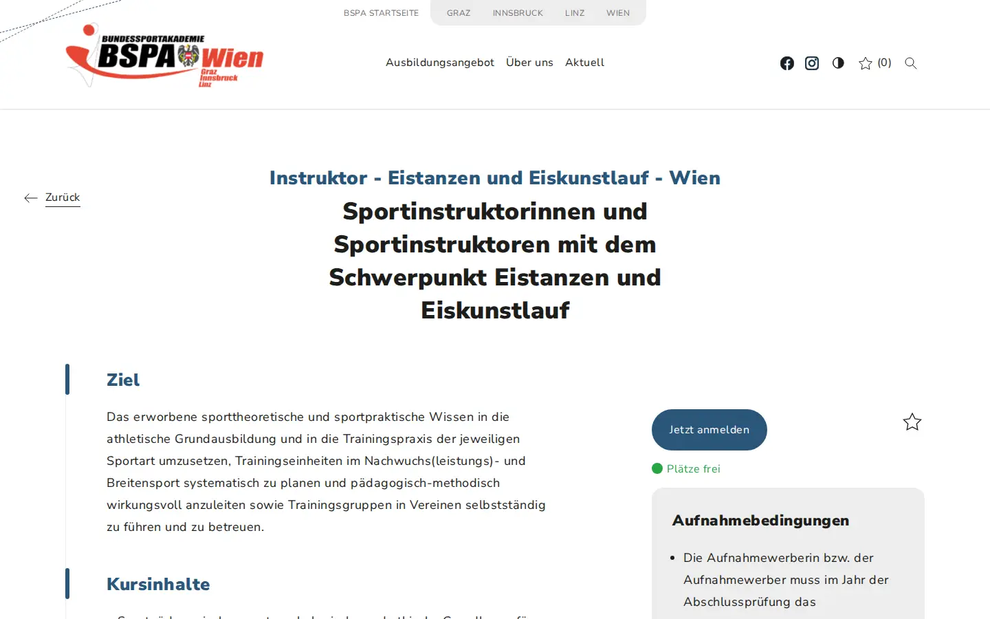 Kursseite Eistanzen und Eiskunstlauf am Standort Wien mit Ziel, Anmeldeknopf und Aufnahmebedingungen