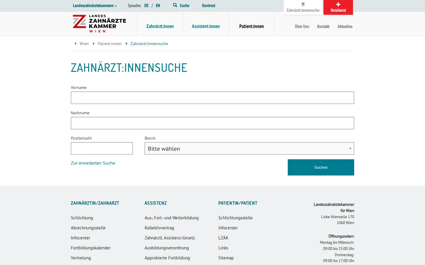 Zahnärzt:innensuche der Landeszahnärztekammer Wien mit Suchfeldern