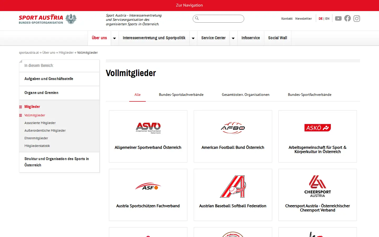 Seite Vollmitglieder mit eingeblendetem Sprunglink „Zur Navigation“