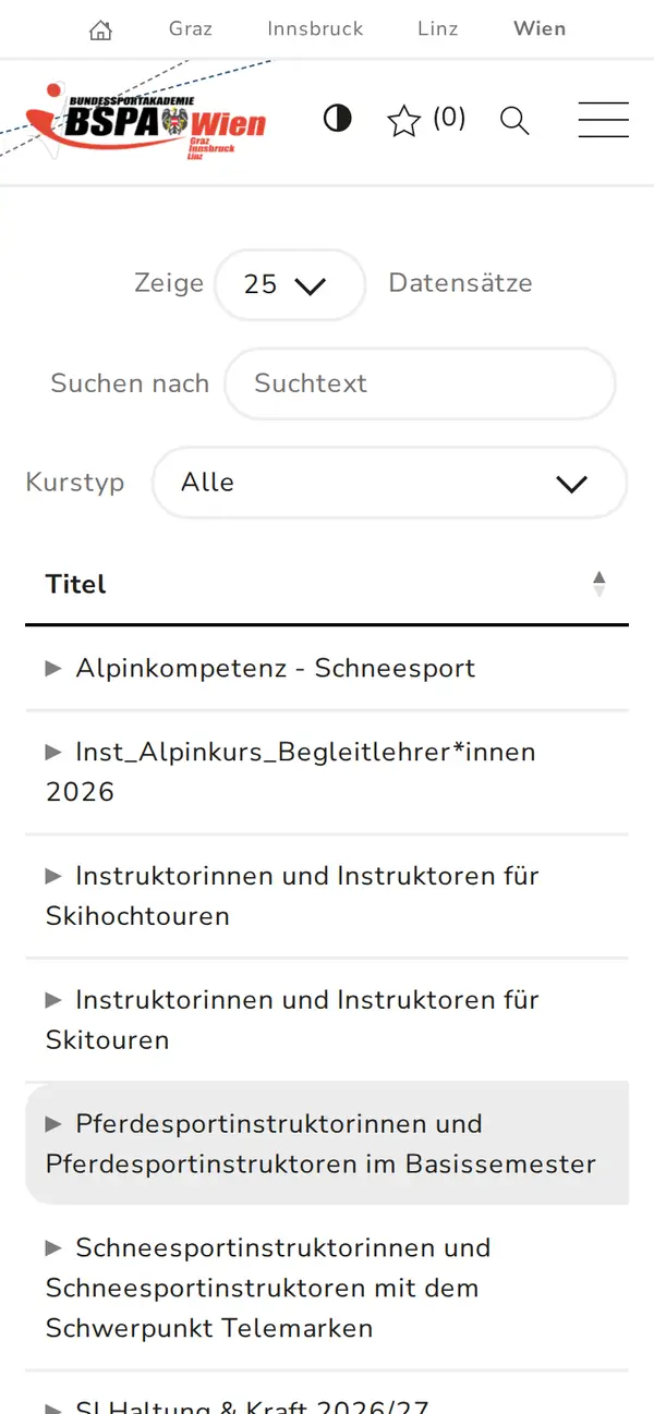 Kurstabelle des Standorts Wien auf dem Smartphone mit Suche und Filter nach Kurstyp