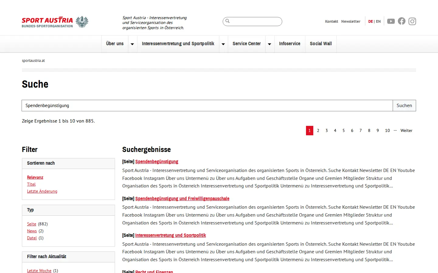 Suchergebnisse mit Facetten „Filter nach Bereich“ und Zeitraum in der Seitenleiste