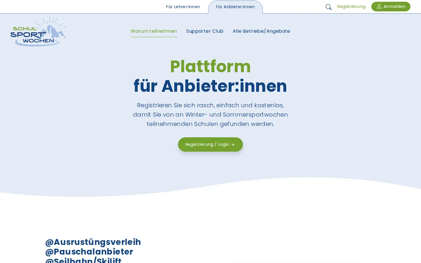 Seite „Plattform für Anbieter:innen“ mit Einstieg zur Registrierung