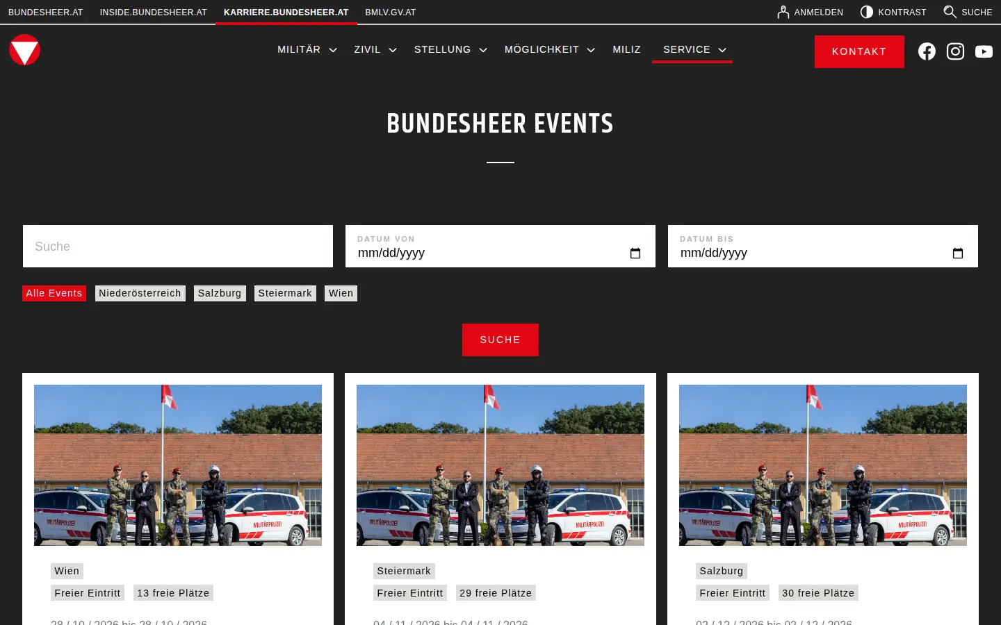 Eventkalender auf karriere.bundesheer.at mit Filter und Terminen