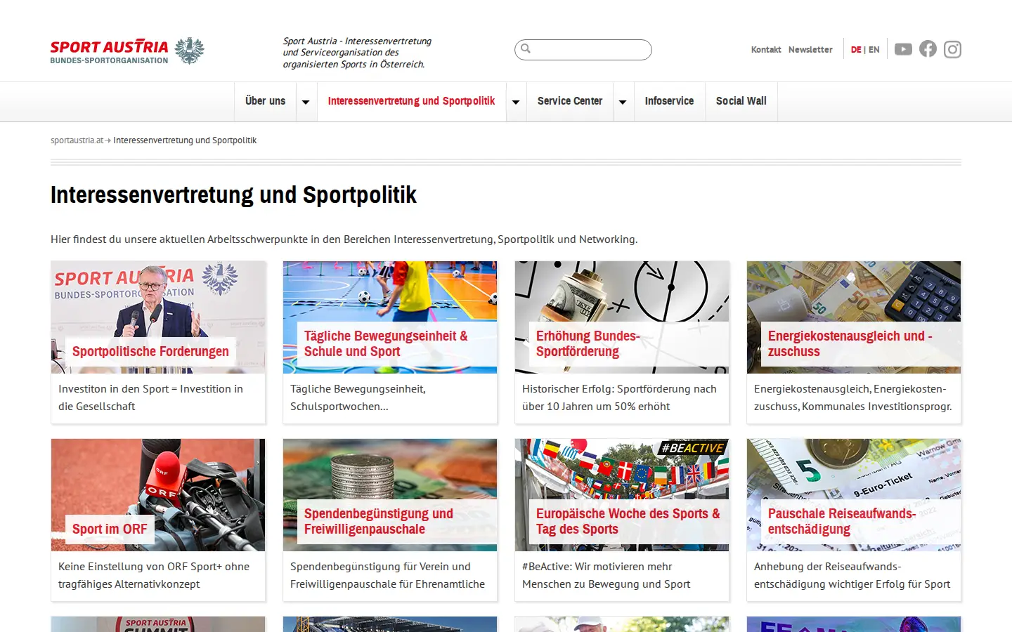 Themenbereich Interessenvertretung und Sportpolitik mit Bildkacheln zu einzelnen Themen