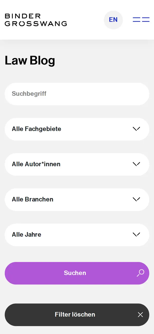 Law Blog auf dem Smartphone mit Filtern nach Fachgebiet, Autorin oder Autor, Branche und Jahr