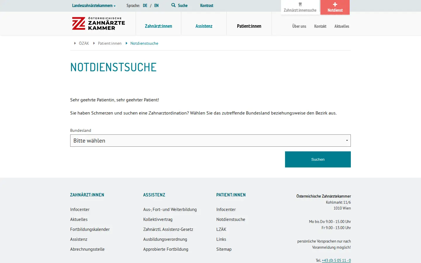 Notdienstsuche auf zahnaerztekammer.at mit Auswahl des Bundeslands