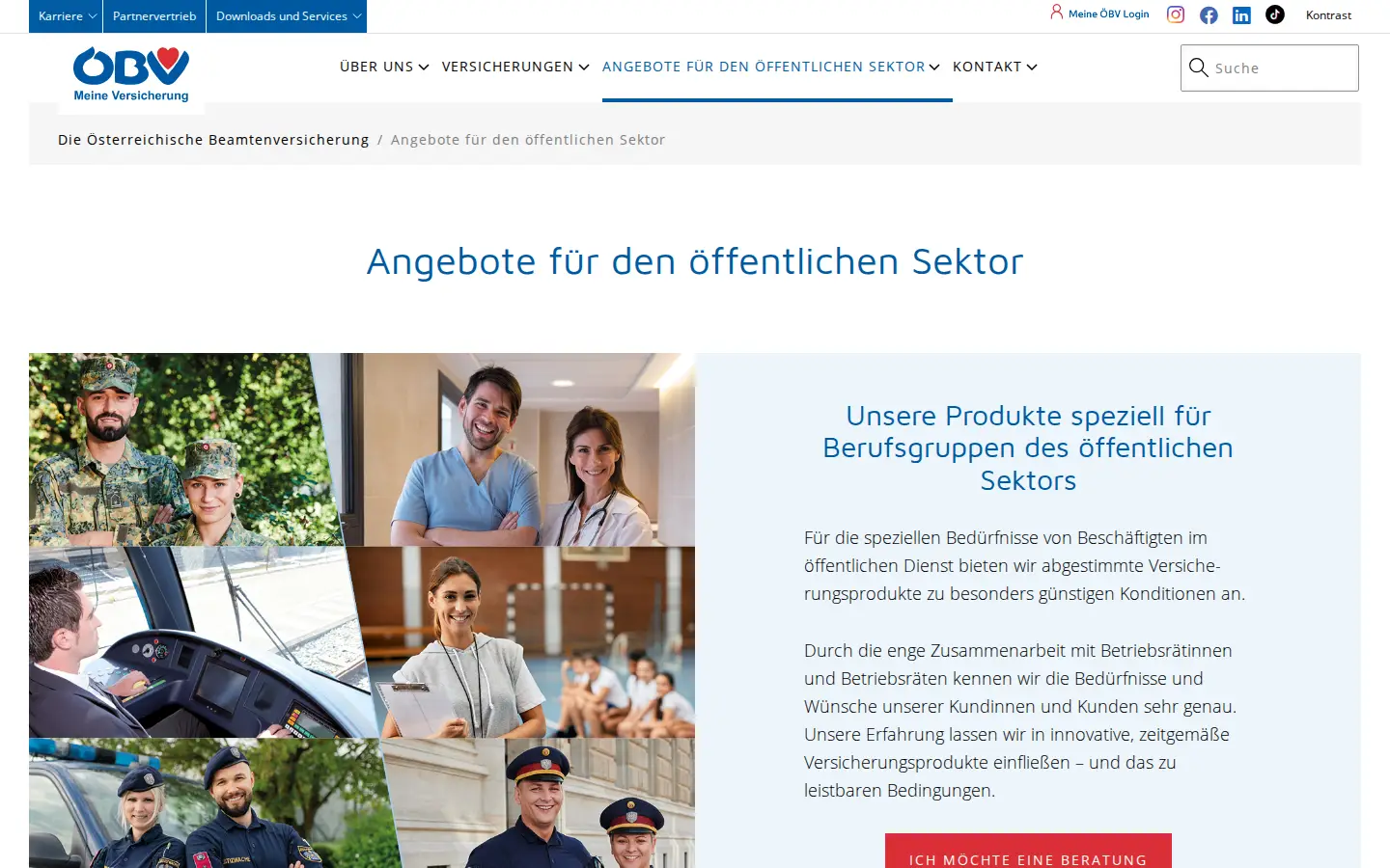 Seite mit Angeboten für Berufsgruppen des öffentlichen Sektors