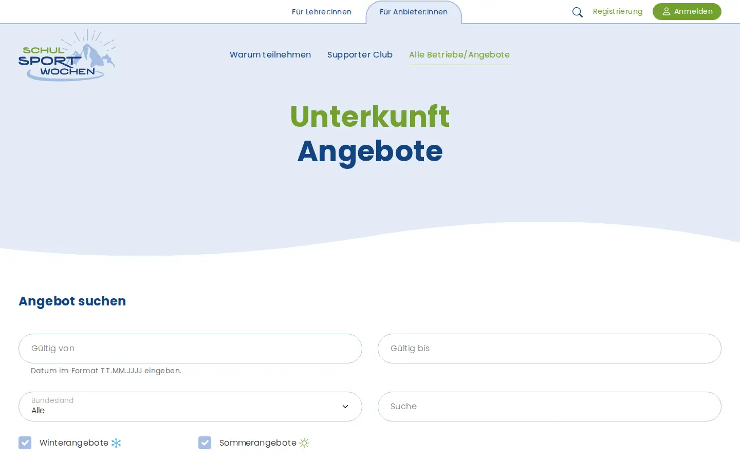 Angebotssuche für Unterkünfte mit Filtern für Zeitraum, Bundesland, Winter- und Sommerangebote
