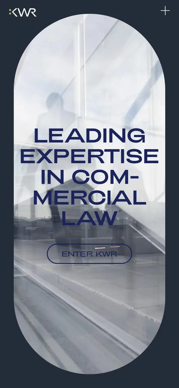 Englische Startseite von kwr.at auf dem Smartphone mit dem Leitsatz „Leading expertise in commercial law“