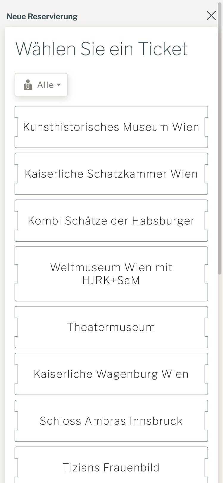 Kunsthistorisches Museum Wien B2B Buchungstool Ansicht auf dem Smartphone