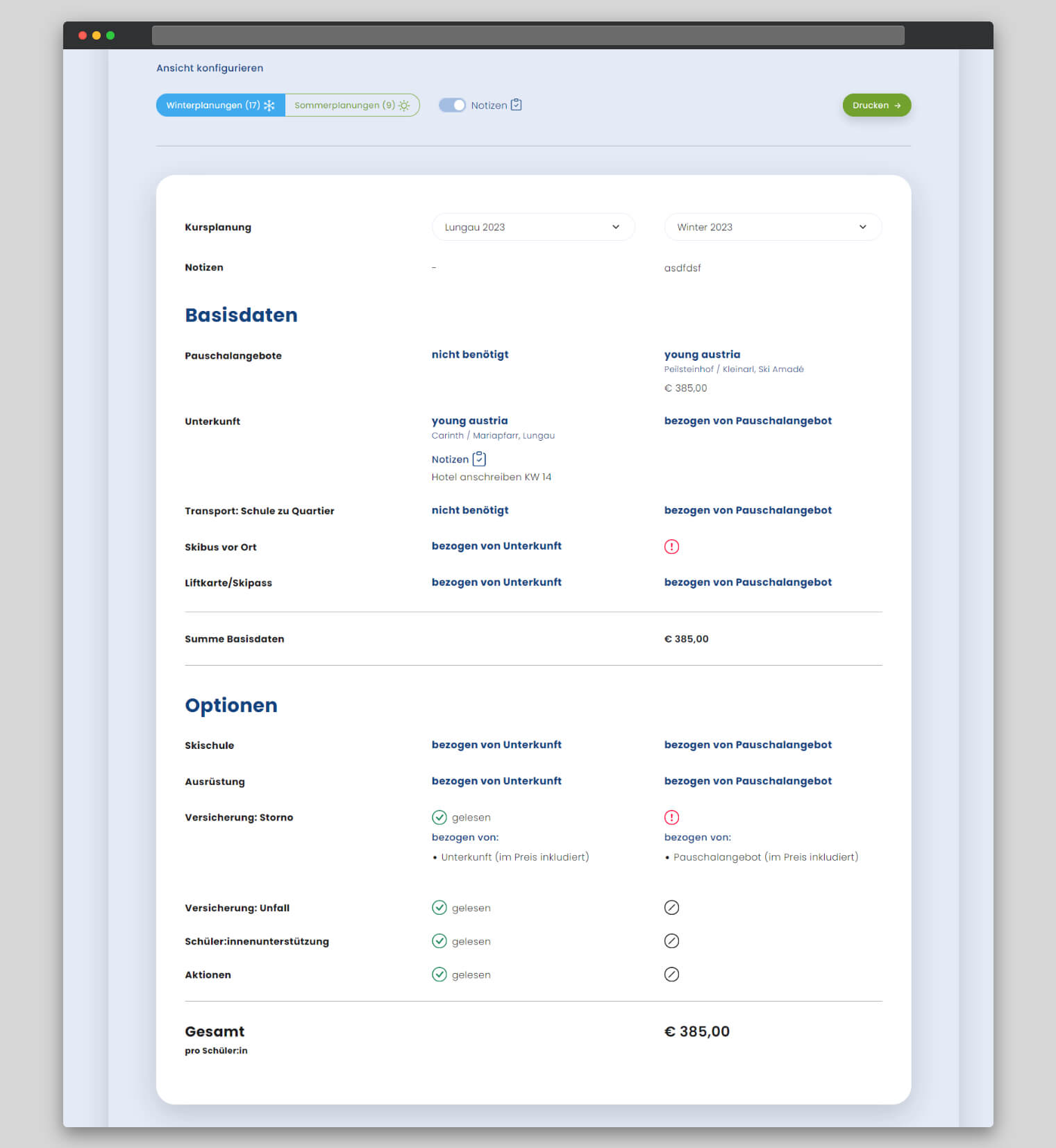 Planungsassistent - Vergleich von zwei Sportwochenplanungen