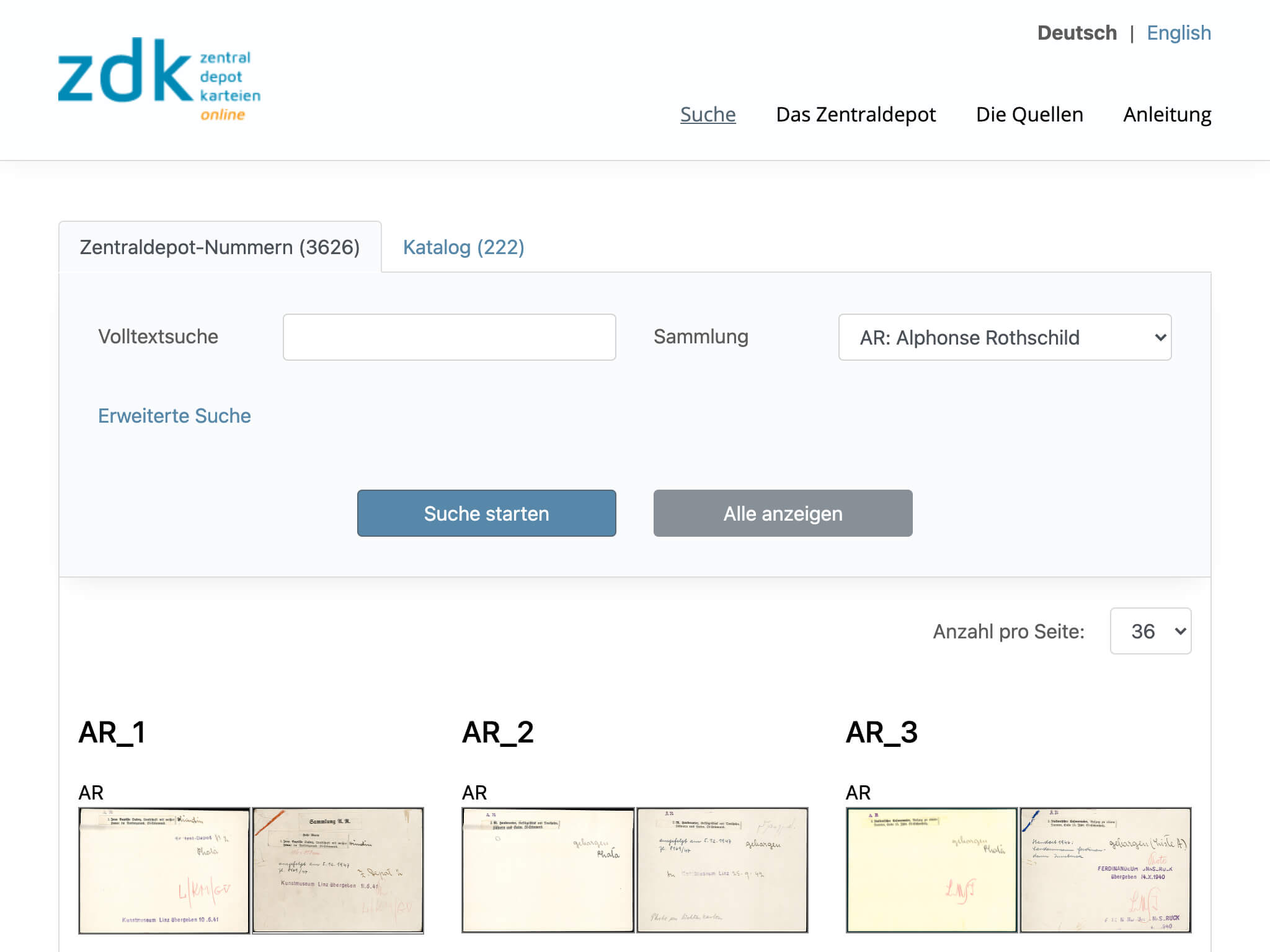 ZDK Zentral Depot Karteien Suche Ansicht auf dem iPad