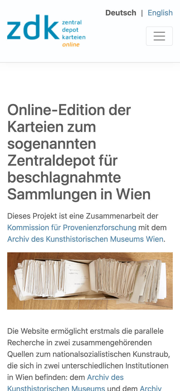 ZDK Zentral Depot Karteien Startseite Ansicht auf dem Smartphone